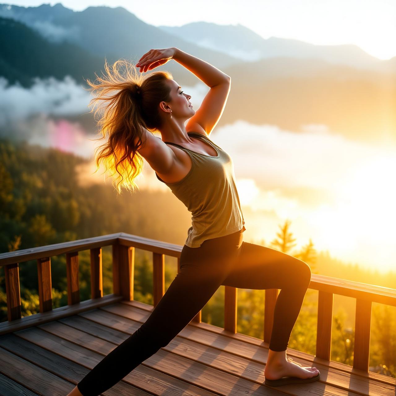 Woman stretching at sunrise in a misty mountain landscape, active wellness lifestyle
